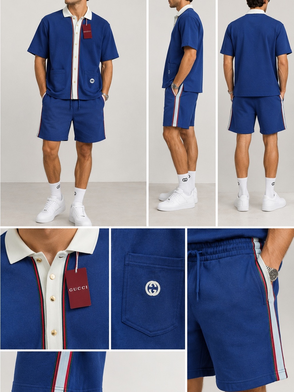 Gucci set Navy Polo Cardigan & shorts pants with Red-Green Stripe and White Coll